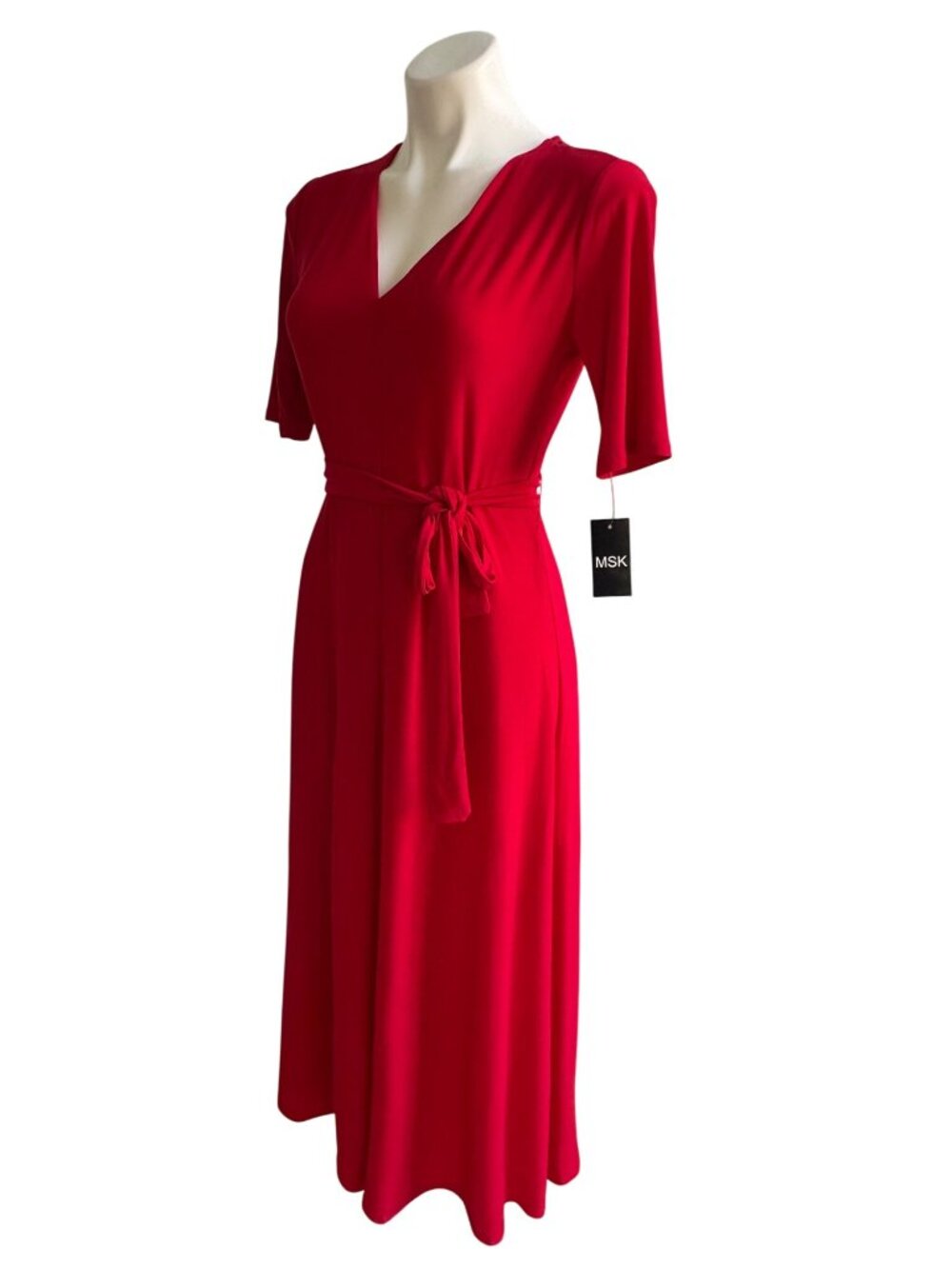 MSK NWT $69 Womens Red Jersey V-Neck Midi Dress With Belt Size S - Picture 8 of 10